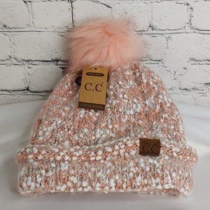 'C.C BEANIE' FLEECE~LINED POM-POM BEANIE ROSEA